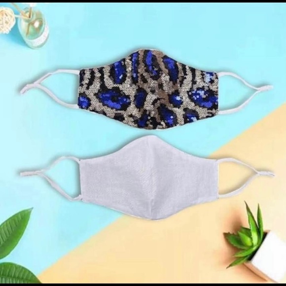 Blue & Silver Leopard Print Sequin Statement Sparkle Bling Festival Face Mask - Picture 2 of 3